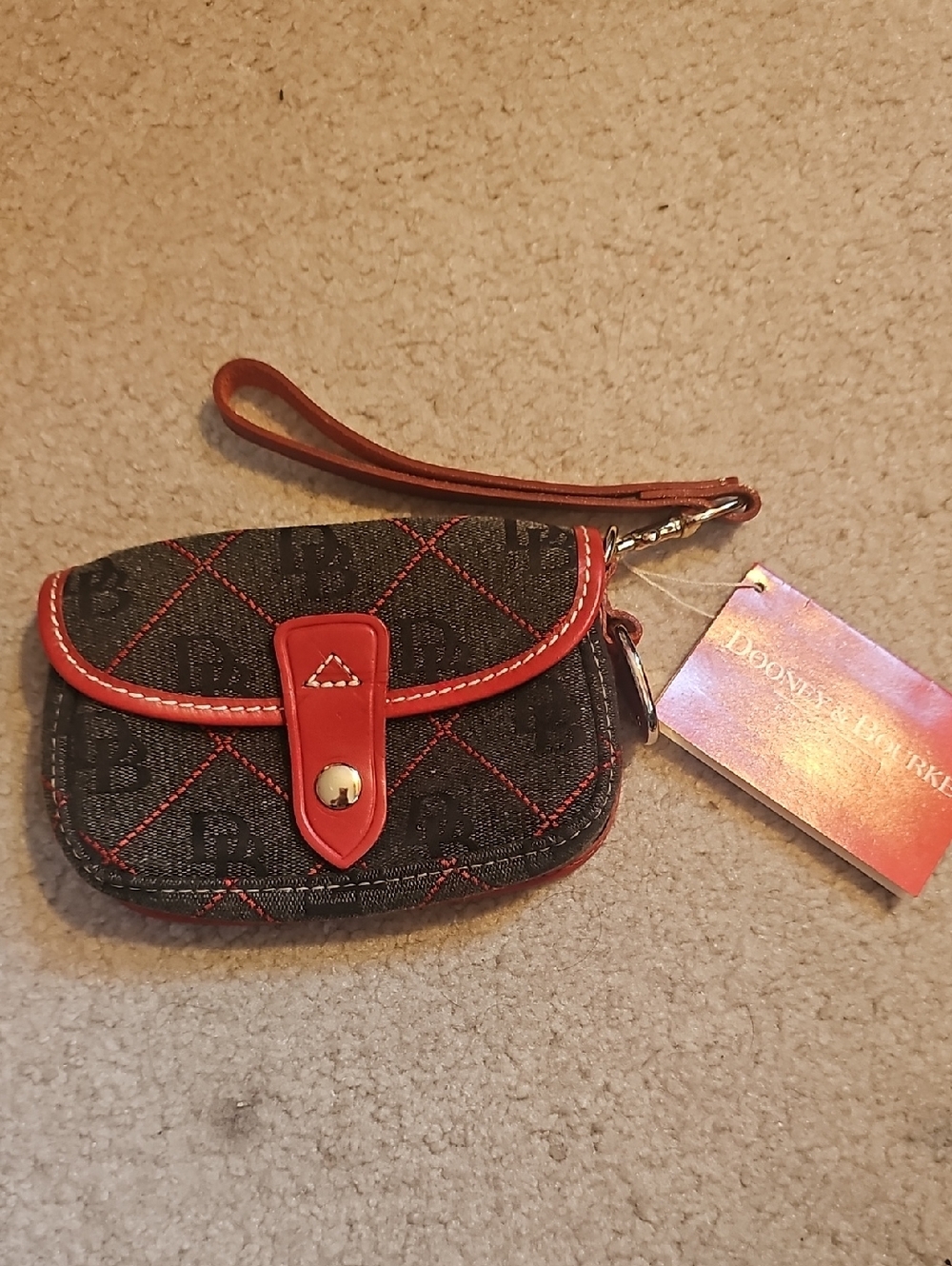 Dooney & Bourke Black Quilted Logo Wristlet with Red Trim
